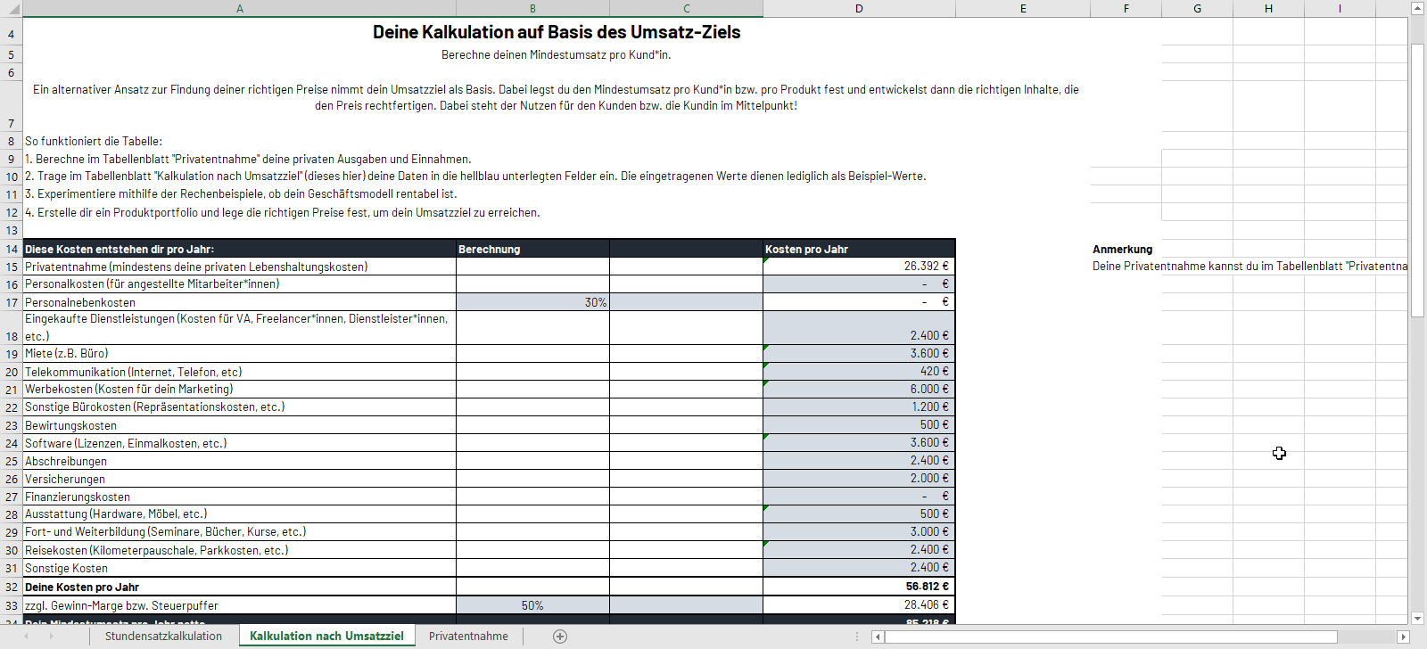 Stundensatz Preise Berechnen Excel Vorlage Fur Selbststandige Marlis Schorcht