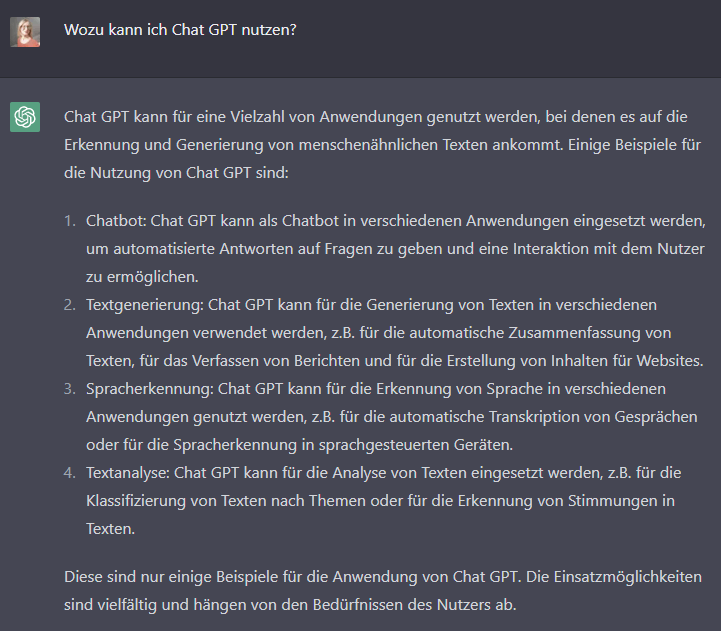 Anwendungsbeispiele für Chat GPT, generiert durch Chat GPT