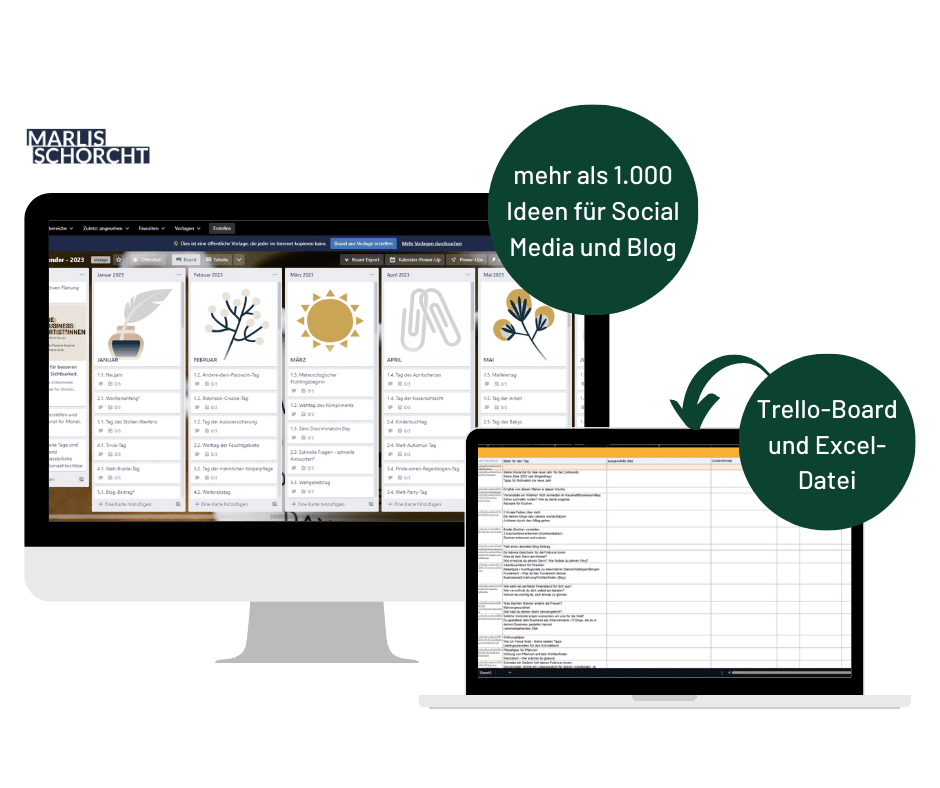 mockup vom contentkalender 2023 mit contentideen trello board und excel datei