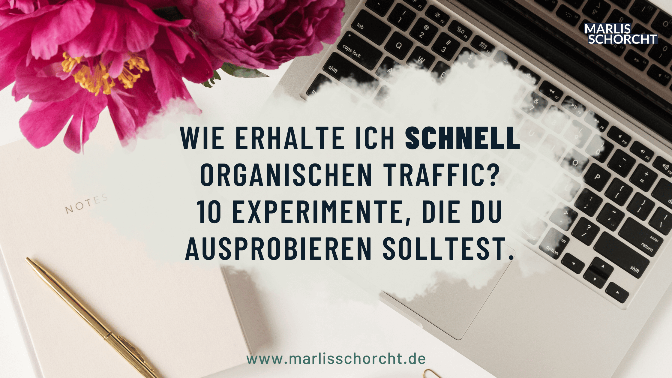 schnell organischen traffic aufbauen an einem schreibtisch mit laptop und blumen