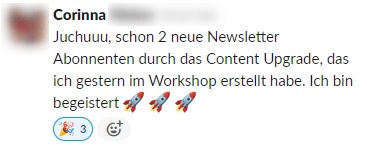 Screenshot einer RESULTS Teilnehmerin über den Erfolg von Content UPgrades