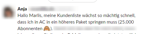 Meine Kundin Anja muss ihr E-Mail-Paket upgraden, weil sie so viele neue Leads generiert - Screenshot