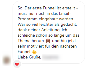 funnel aufbau mit getting results Eine Kundin schreibt, dass sie ihren ersten Funnel fertiggestellt hat und dass es leichter war, als gedacht.
